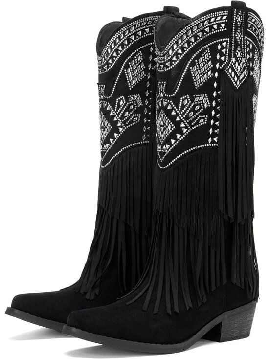 Shoes - Women's Black Suede Knee High Cowgirl Boot Fringe Rhinestone Western Chunky Heel